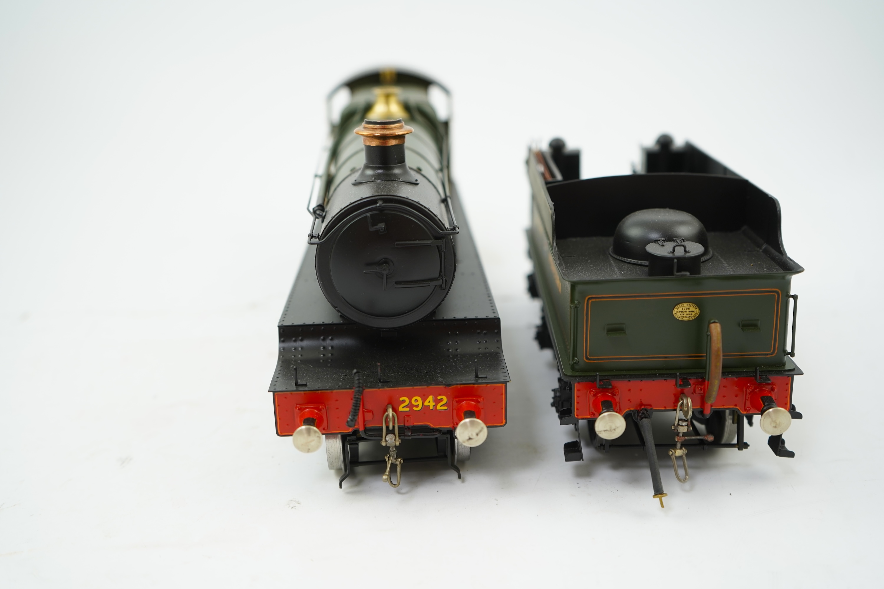 A Gauge One model of GWR Saint Class Fawley Court 2942, 4-6-0 tender locomotive, the model is unpowered, possibly to allow for the detailing between the frames.